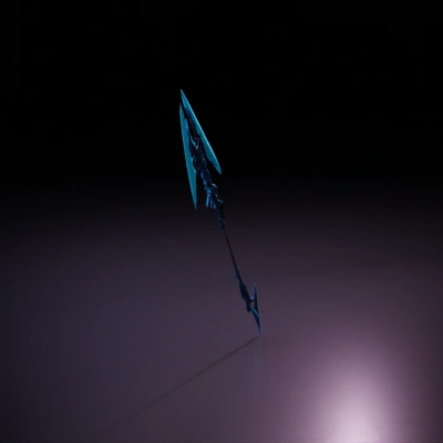Spiked spear with jagged blades, trident, magical design. futuristic design, cable, laser blade, little led on handle, sword hanle with protection for hand, metal plate, glowing laser, blue led,