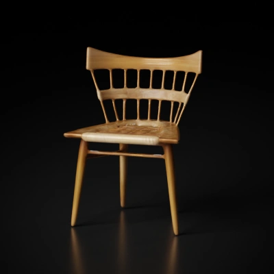 Woven wooden chair with unique backrest design.