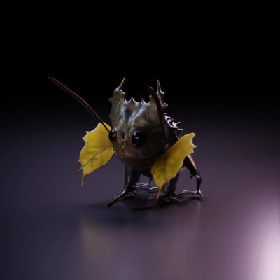 Leaf-inspired frog-like creature with small branches as limbs.
