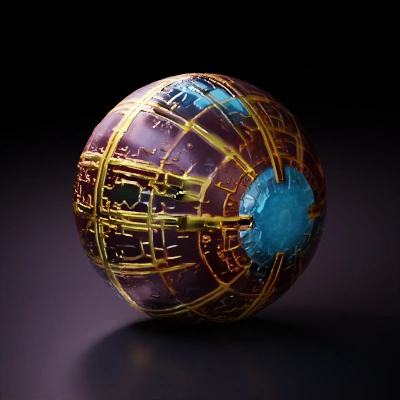 Futuristic spherical device with intricate internal circuitry.