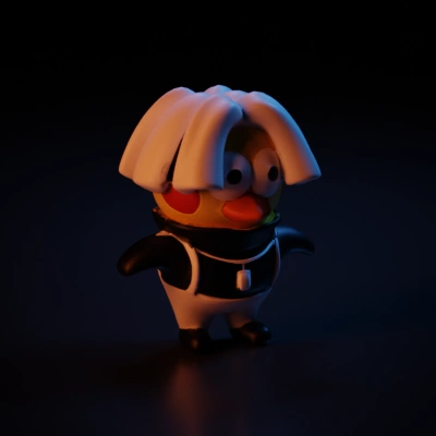 Cartoon character, duck with gray hair, wearing jacket and suspenders.