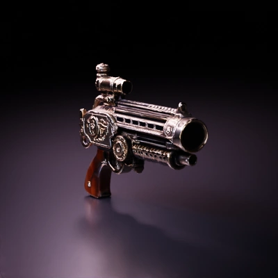 Steampunk intricate detailed gun, mechanical gears, scope.