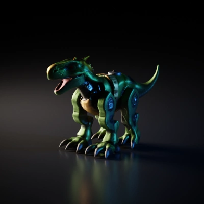 Mechanical dinosaur with robotic features, T-Rex inspiration.