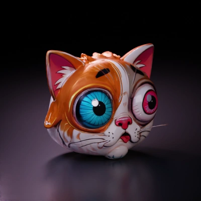 Huge-eyed cartoonish cat head with tongue out.