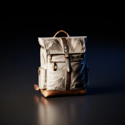 a 3D model of a Ridge Canvas backpack made of leather and cloth, with visible wear and some stains to give it a used, rugged appearance. The model should look realistic, with detailed textures and natural lighting, capturing the tactile quality of the materials. Ensure the model includes elements like zippers, pockets, shoulder straps, and a top handle, and it should be suitable for generating photo-like renders.