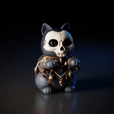 cat figurine with skull mask and accessories.