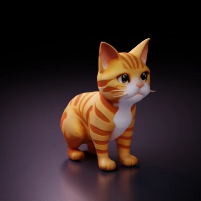 Cartoonish cat with big eyes, sitting posture. colored