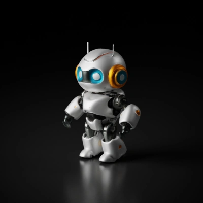Small humanoid robot with round features, glowing eyes.