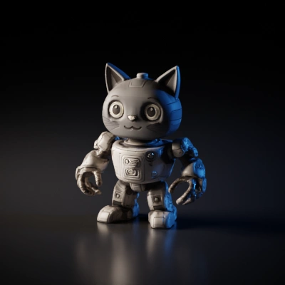 Robot cat character with mechanical limbs.