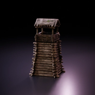 Wooden watchtower, rough details, defensive structure.