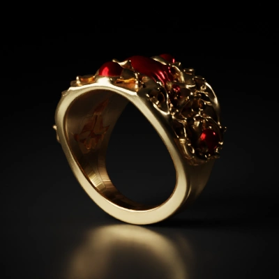 Ornate ring with large central gemstone, intricate design. highpoly
