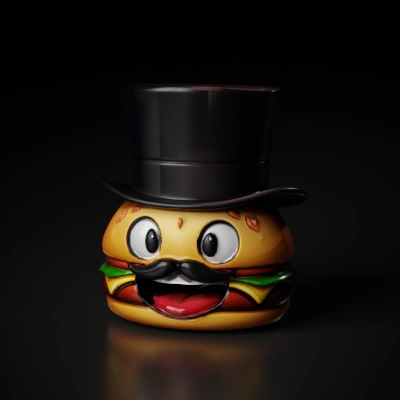 Burger with top hat and mustache.