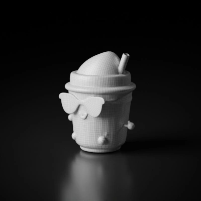 Bubble tea cup character, cartoon style, wearing sunglasses.