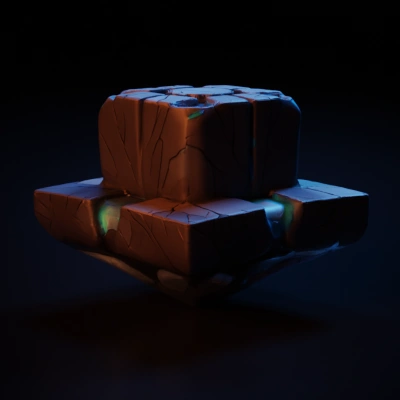 Stacked stone structure with glowing cracks in bright blue color. stone structure is in dark grey. no shadows