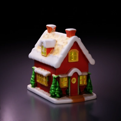 Miniature snowy house with glowing windows.