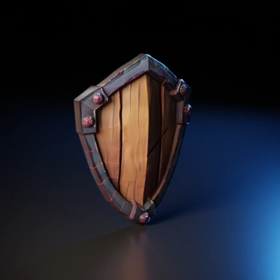 Wooden medieval shield with metal rim.