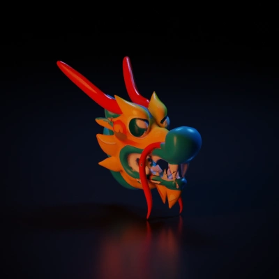 Dragon head with stylized design.