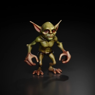 Goblin-like creature, muscular build, game asset, fantasy genre. 3 fingers and 1 thumb per hand, 3 toes per foot