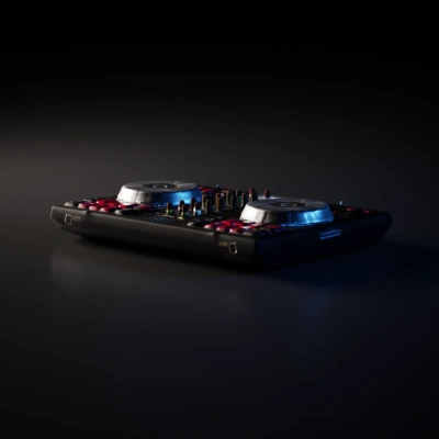 DJ controller with dual platters and multiple control buttons.