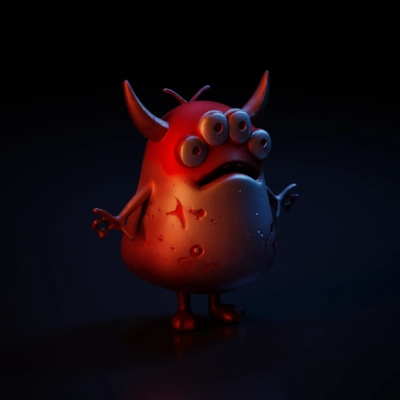 Four-eyed monster with horns, menacing appearance, possibly alien.