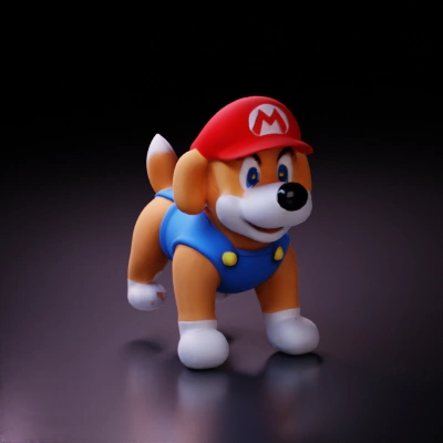 Dog with Mario hat and overalls.
