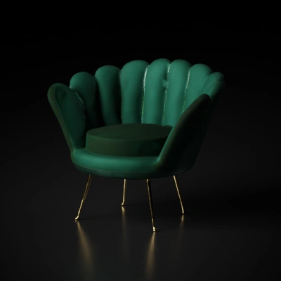 Plush scallop-backed armchair, velvet, elegant.