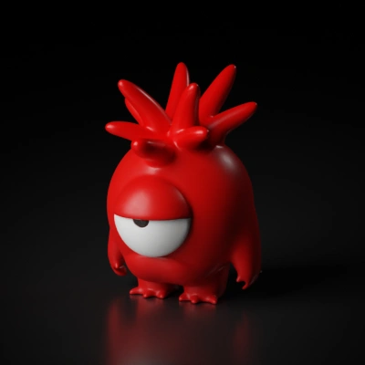 Cartoonish monster with one large eye, small fangs, spiky hair.