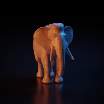 Wooden carved elephant, detailed texture, trunk curled. smooth edges, complex geometry, character.