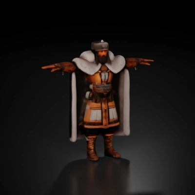 A Slavic warrior, a bogatyr, in an expensive fur coat, fur hat, with silver crosses on his clothes, fur cloak, wise, middle-aged, stands straight into the camera, frowning, arms spread wide open