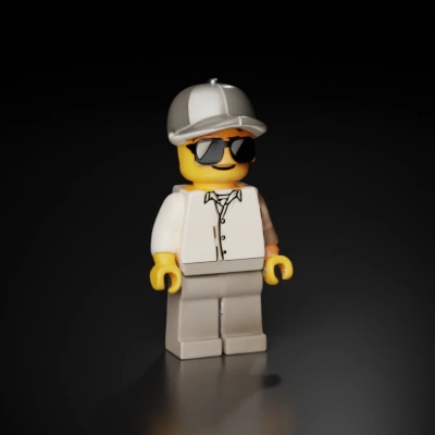 Lego toy figure with cap and sunglasses, character, smooth edges.