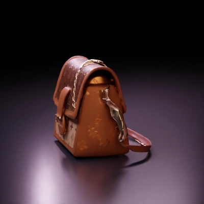 Designer handbag with logo pattern and chain strap.