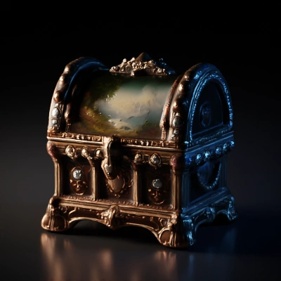 Decorative treasure chest with gemstones, intricate patterns.