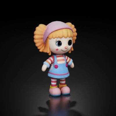 Stuffed doll with curly hair, smiling face.