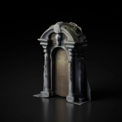 Ancient ornate doorway with skull decor.