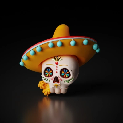 Decorated sugar skull with sombrero.