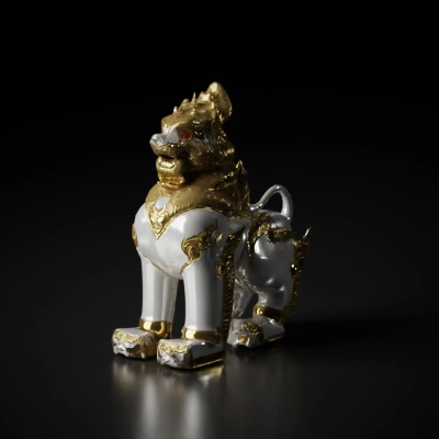 Mythical lion-like creature, ornate details, standing pose.