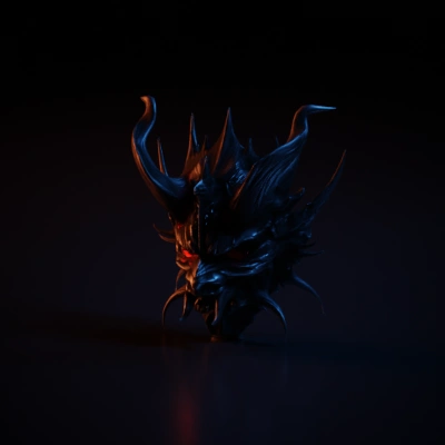 Demonic mask, fierce expression, multiple horns and spikes.
