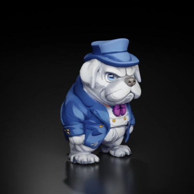 Bulldog wearing top hat and suit, cartoonish style, angry face.