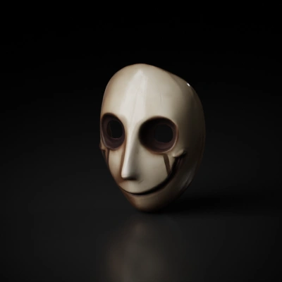 Creepy mask with hollow eyes, unsettling smile.