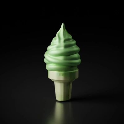Soft-serve ice cream cone, swirled top, dessert.