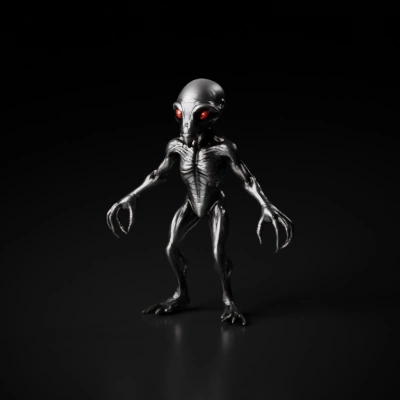 Humanoid alien figure, sinister appearance. human-like mouth and wrinkly body