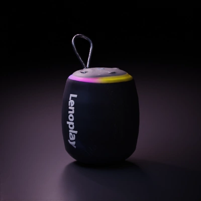 Portable cylindrical speaker with a fabric finish.