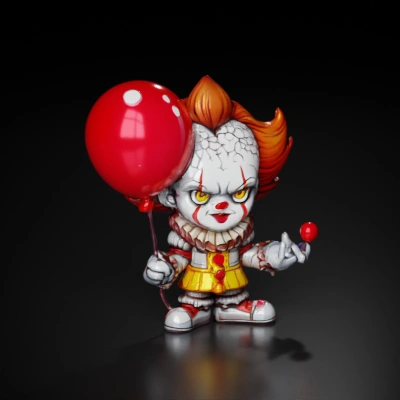 Creepy clown holding balloon.