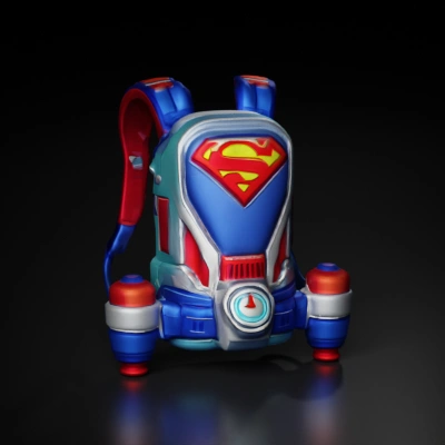 Superman backpack, futuristic design, sci-fi.