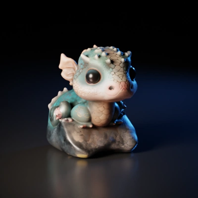 Cute baby dragon with big eyes sitting on a rock.