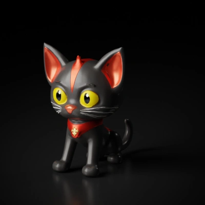 A unique cartoon-style black kitten with red ears and tail, yellow eyes showing confidence and a challenging expression. Wearing a red mask with two large "X" marks on it. The body, limbs, and tail are mainly black, with red "X" markings on the paws.