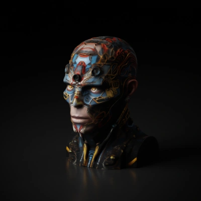 futuristic robotic human. headshot of full face and shoulders portrait with black background looking intensely straight at the camera centre with the face aligned to the camera , detailed award winning studio photography with no contrast, clean sharp focus, cinema magazine photography, professional color grading , full head of android robotic futuristic art d'eco elegant punk man zombi with a rough look of heavy worker and a colourful intricate detailed decorated makeup on his face in Ernst Haeckel style with a face expression of an intriguing mysterious look in a dramatic scene , 4k hyper realistic intricately 50mm high resolution