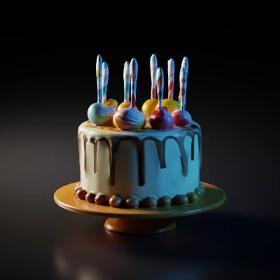 Celebratory cake with candles and toppings.