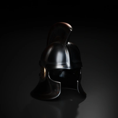 Medieval gladiator helmet with crest, detailed design.