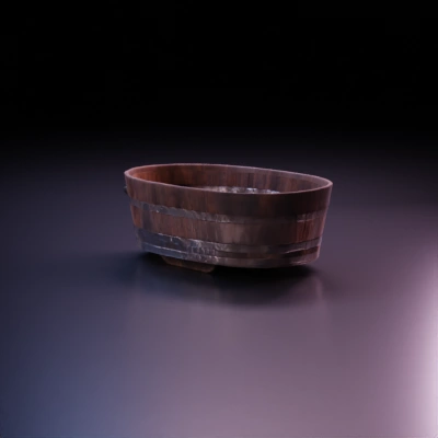 Wooden bathtub, rustic design, apocalyptic survival game.